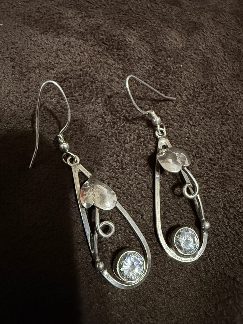 Vintage sterling silver Drop Earrings with Clear Crystal Accent